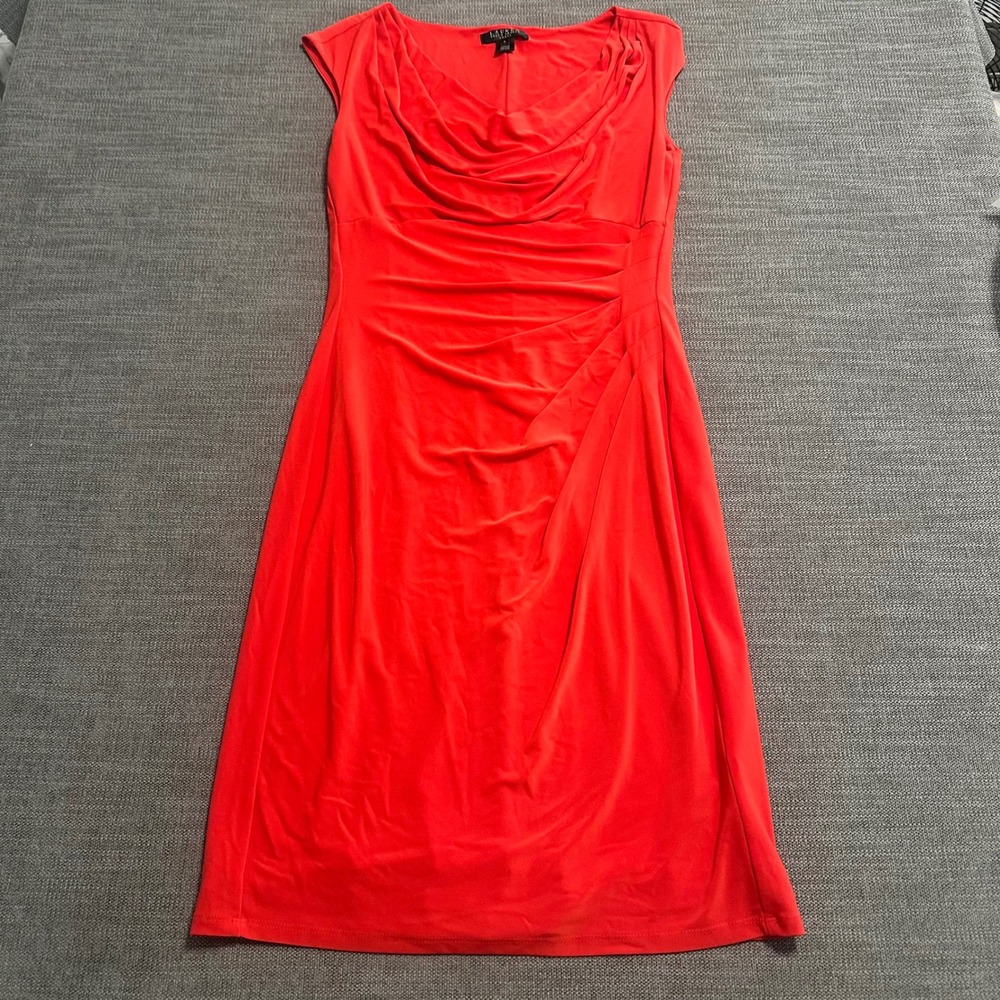 Lauren Ralph Lauren Sheath Dress Women 6 Orange Ruched Cowl Neck